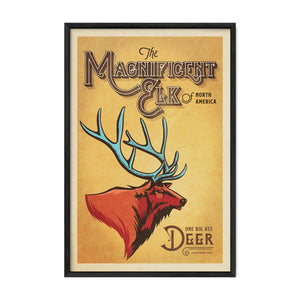 Magnificent Elk vintage wildlife poster in a black frame featuring bold red elk illustration and oversized blue antlers