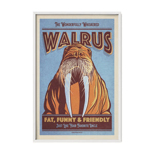 Walrus wildlife art print in a white frame featuring colorful vintage-inspired illustration, long tusks, and playful typography.