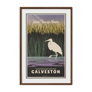 Galveston Island State Park travel poster in a walnut frame featuring a white egret in Texas coastal marshland.