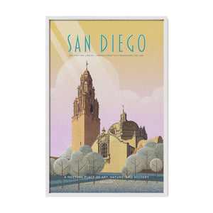 San Diego Balboa Park art print in a white wood frame, showing the California Tower and ornate historic buildings in soft pastel tones