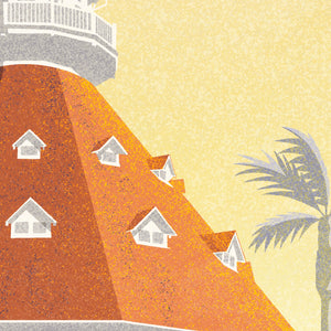 Close detail of Hotel del Coronado poster illustration showing vintage texture and iconic red roof architecture
