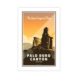 Unframed Palo Duro Canyon State Park poster featuring the iconic Lighthouse formation beneath glowing Texas skies in a vintage travel poster style.