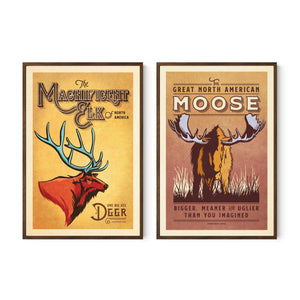 Elk and Moose wildlife gallery series of two in walnut frames