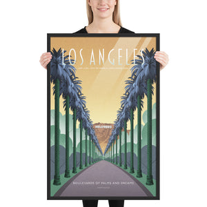 Product mockup of Illustrated Los Angeles travel poster showing Griffith Observatory at night with city skyline and a constellation forming a vintage movie camera in the sky. Retro Art Deco design with spotlights and starry sky.