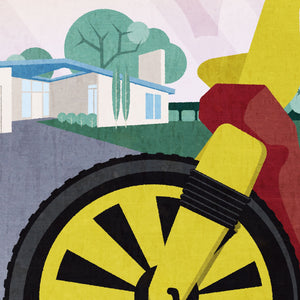 Close-up detail of Big Wheel illustration showing oversized yellow wheel and vintage textures