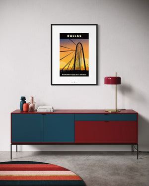 Dallas, Texas — Margaret Hunt Hill Bridge poster black frame wall mockup in living rooom