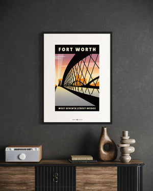 Fort Worth, Texas — 7th Street Bridge poster black frame office wall mockup
