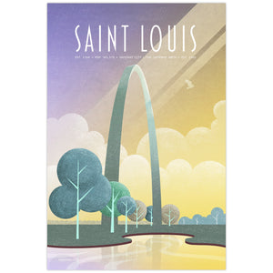 Saint Louis Gateway Arch poster with colorful mid-century inspired Missouri travel illustration