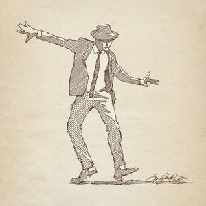 Original digital pen-and-ink sketch by Jonathan Rice depicting a male dancer wearing a fedora, with arms extended and knees bent in an energetic dance pose.