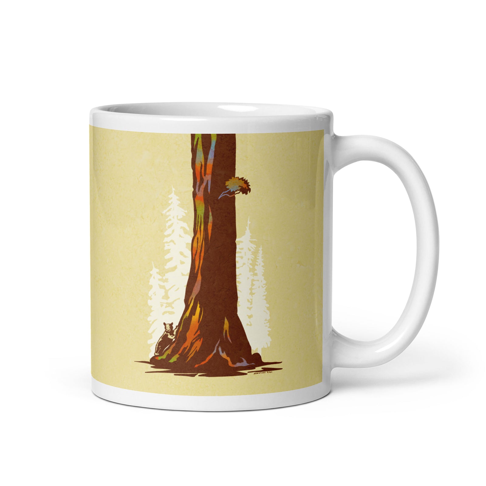 Coffee mug with an image of a giant Sequoia tree with a black bear attempting to climb it on one side and the words “Sequoia National Park, California” on the other.