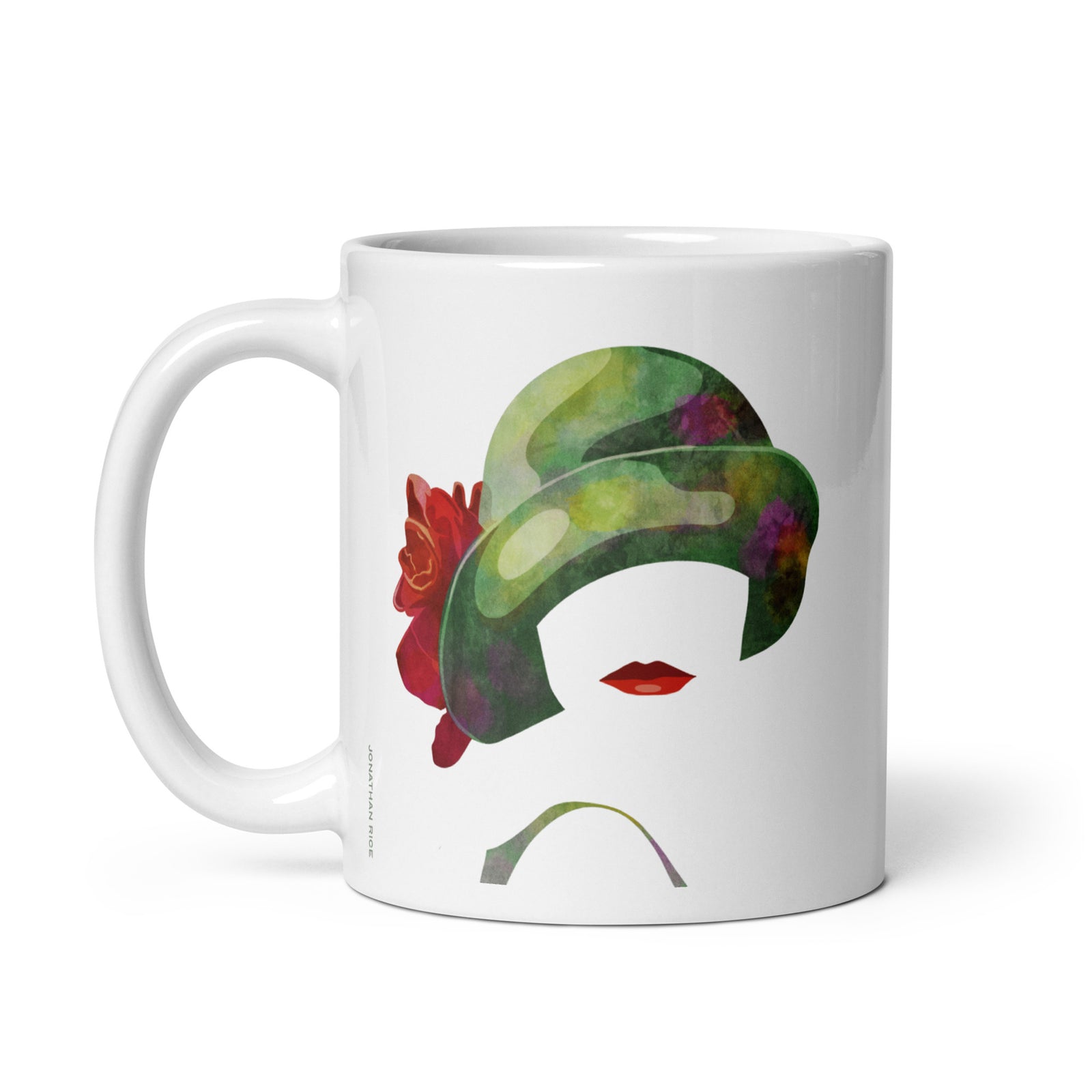 Coffee mug with a portrait of a woman’s cloche hat on one side and author Catherynne M. Valente’s quote on the other side. 