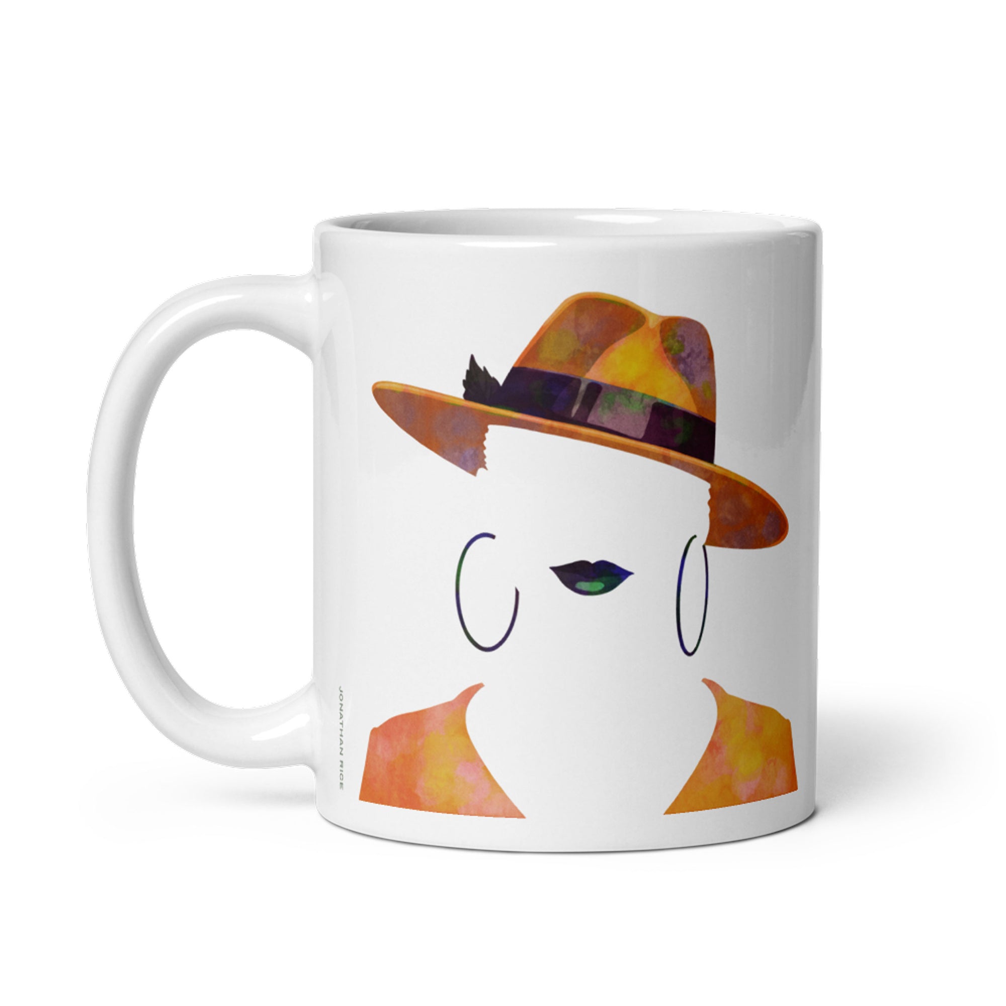 Coffee mug with a portrait of a woman’s fedora hat with singer Frank Sinatra quote on the other side. 