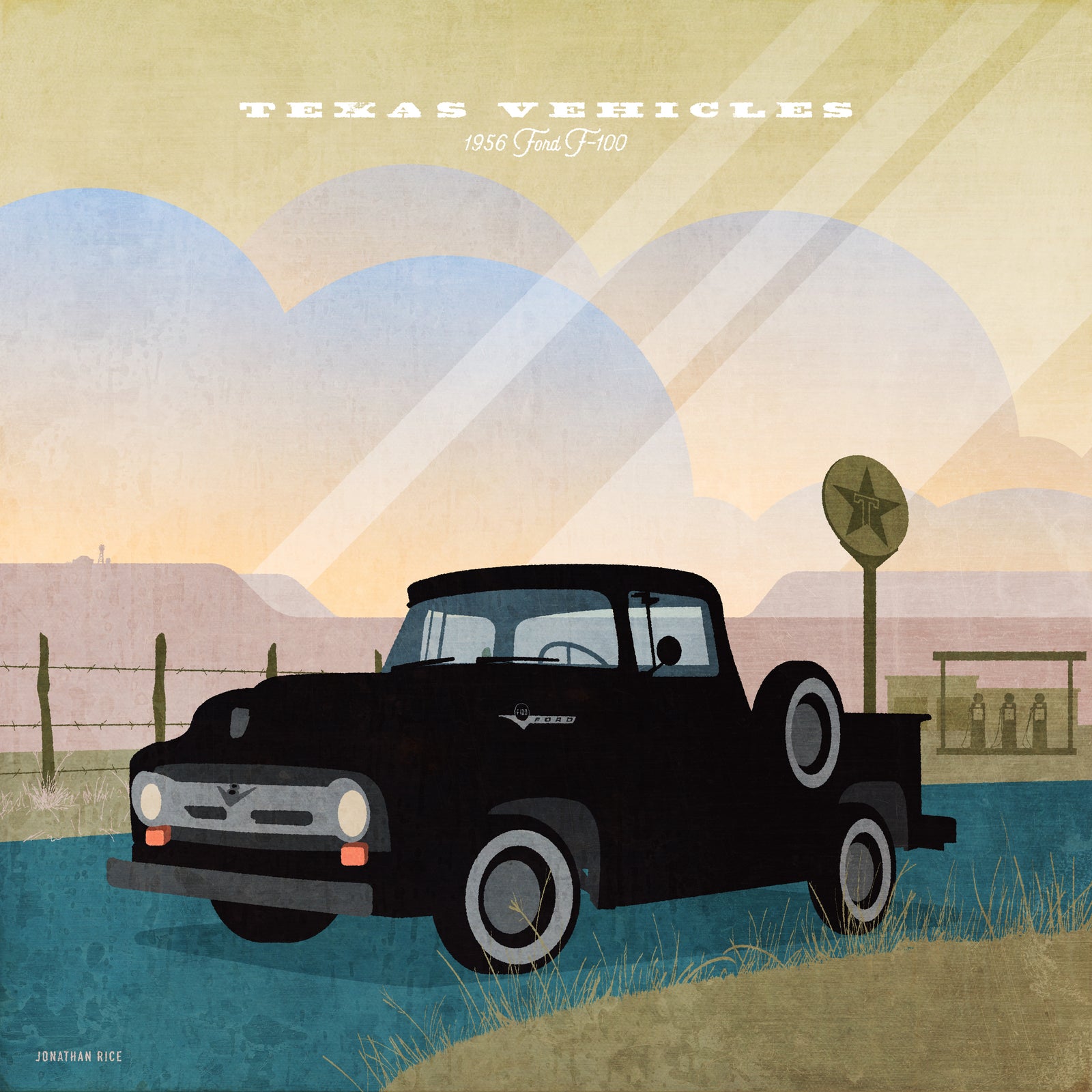 Retro Styled Art Print of 1956 Ford F100 Classic Truck in front of vintage Texaco Gas Station