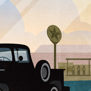 Retro Styled Art Print of 1956 Ford F100 Classic Truck in front of vintage Texaco Gas Station
