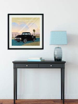 Retro Styled Art Print of 1956 Ford F100 Classic Truck in front of vintage Texaco Gas Station