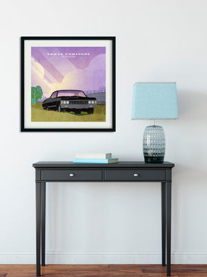 Retro styled art print of Classic 1967 Chevy Impala in field with sun rays and cloudsh clouds 