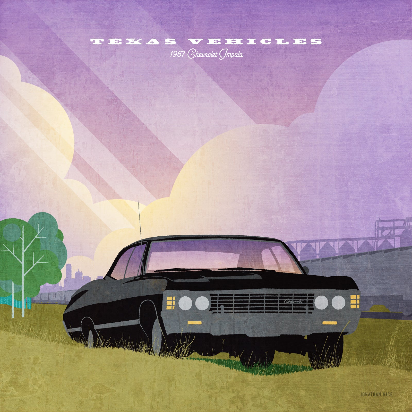 Retro styled art print of Classic 1967 Chevy Impala in field with sun rays and cloudsh clouds 