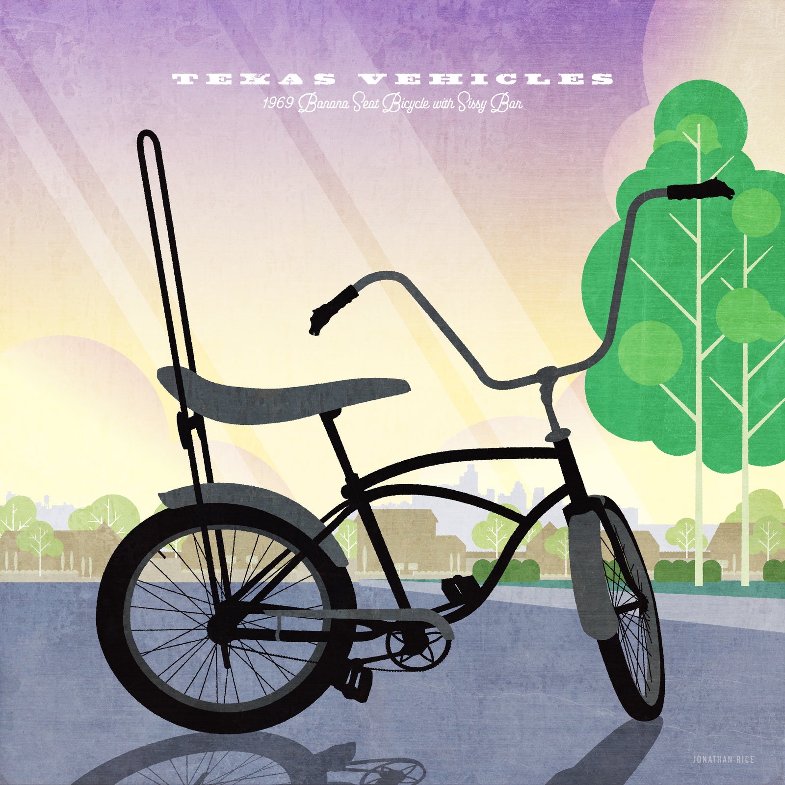 Retro styled art print of classic banana seat bicycle with sissy bar and mustang head handle grips in mid-century modern neighborhood.