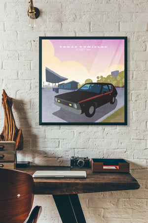 Retro Styled Art print of Classic AMC Gremlin Auto in front of vintage Gas Station