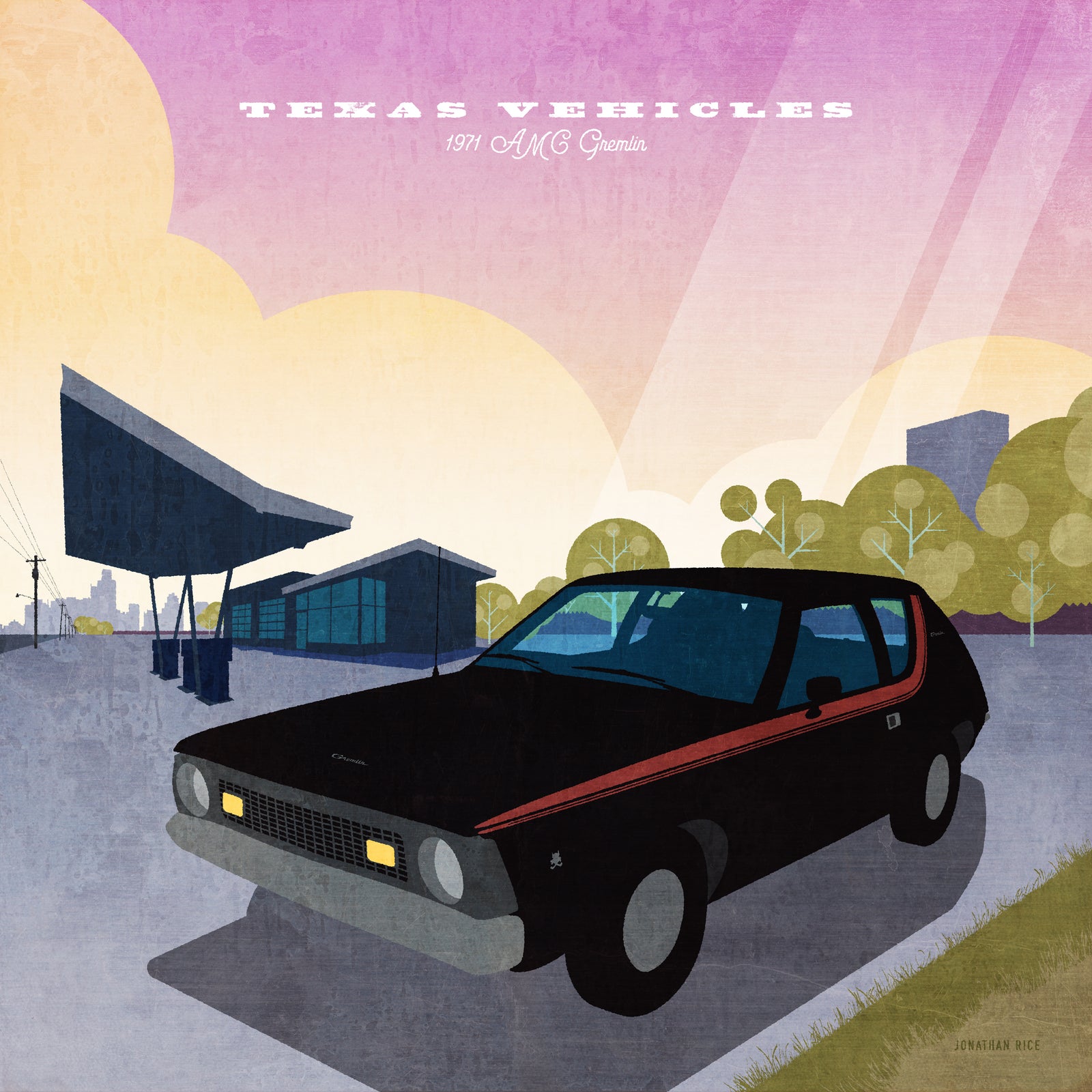 Retro Styled Art print of Classic AMC Gremlin Auto in front of vintage Gas Station