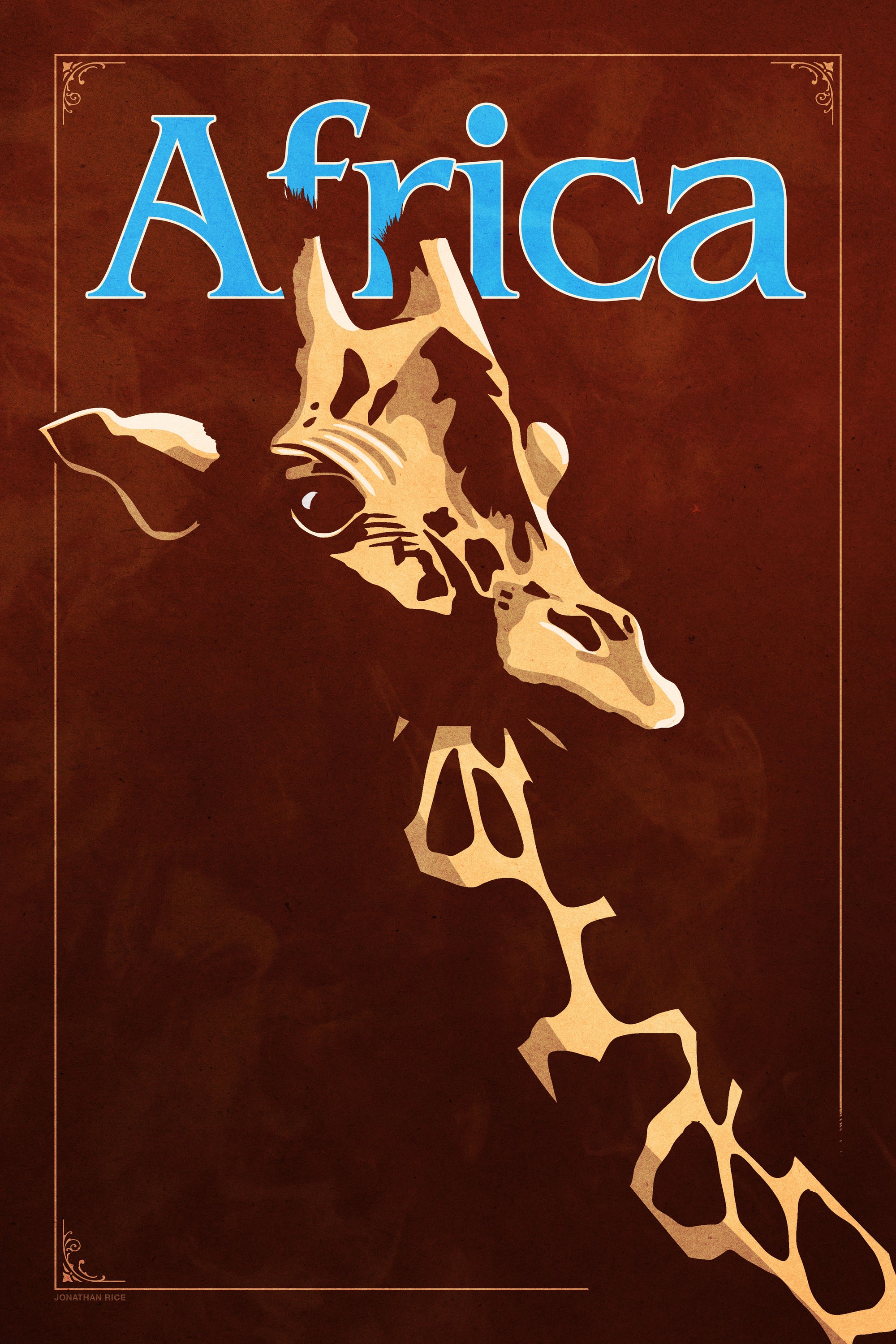 Bold graphic giclée art print of an African Giraffe. Print shows an African Giraffe blending into a dark background and overlapping the word “Africa”.