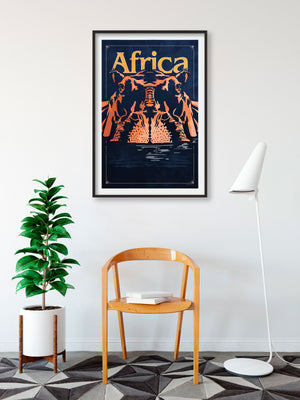 Bold graphic giclée art print of an African Hippopotamus. Print shows an African Hippo blending into a dark background and overlapping the word “Africa”.