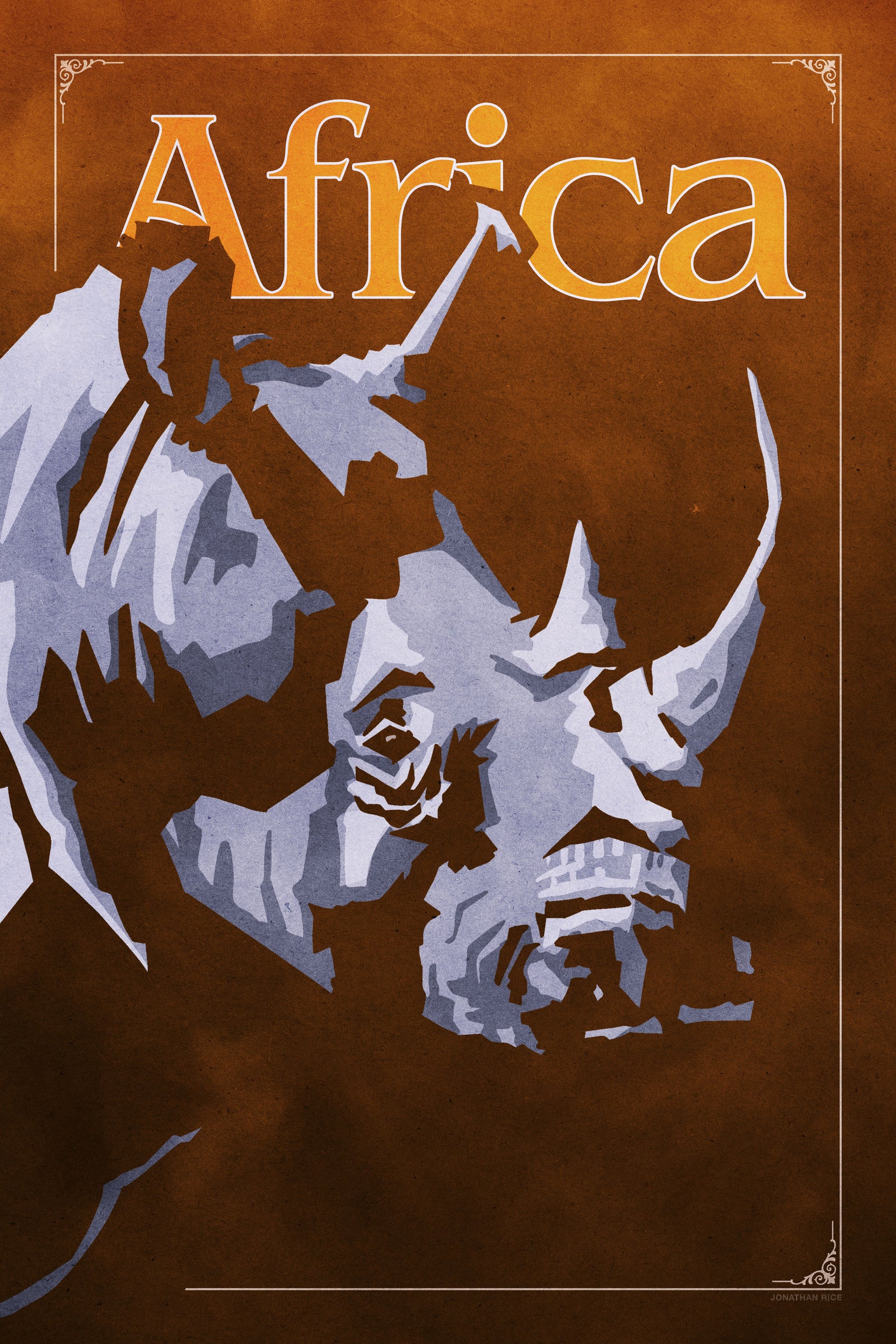 Bold graphic giclée art print of an African Rhinoceros. Print shows an African Rhino blending into a dark background and overlapping the word “Africa”.