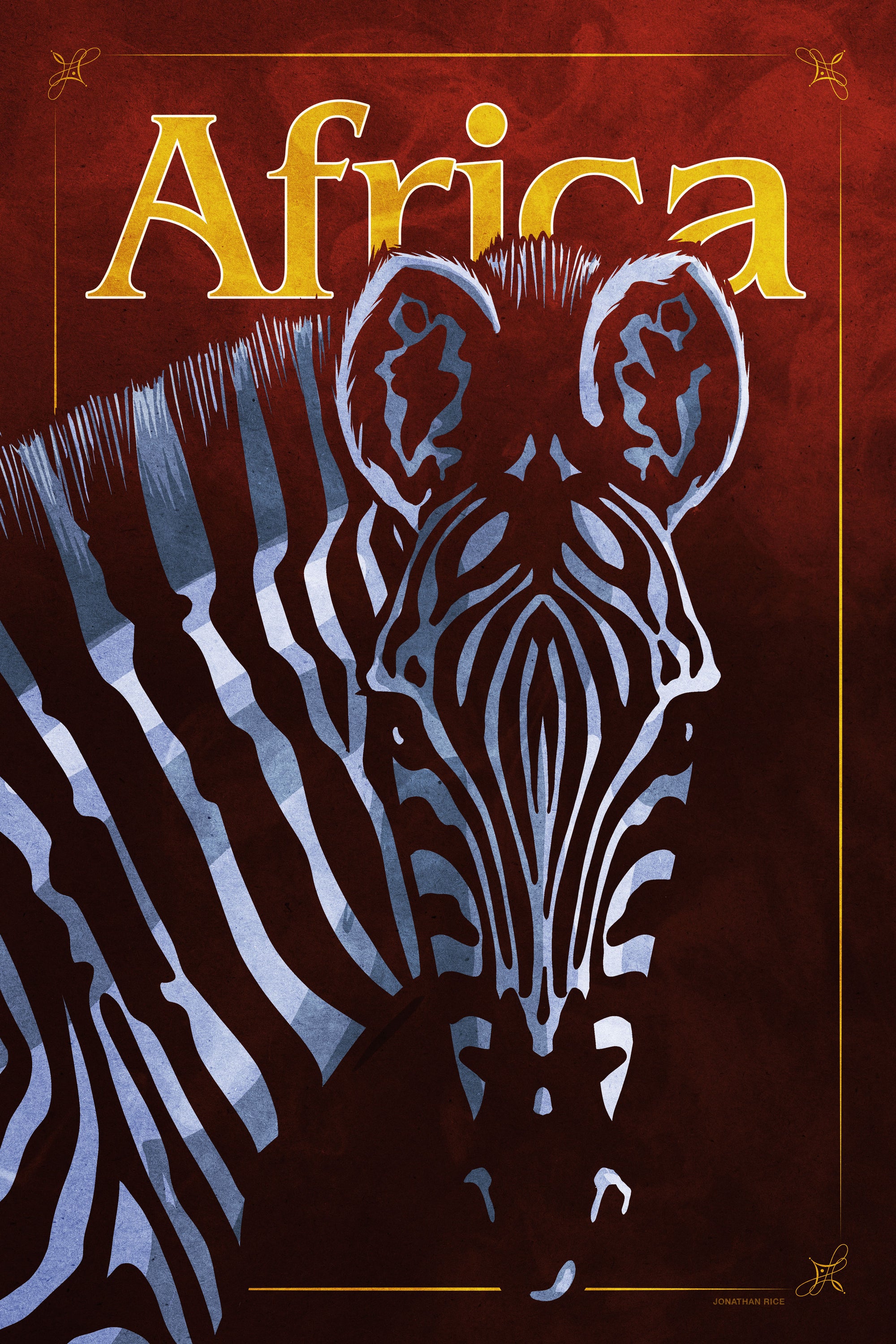 Bold graphic giclée art print of an African Zebra. Print shows an African Zebra blending into a dark background and overlapping the word “Africa”.