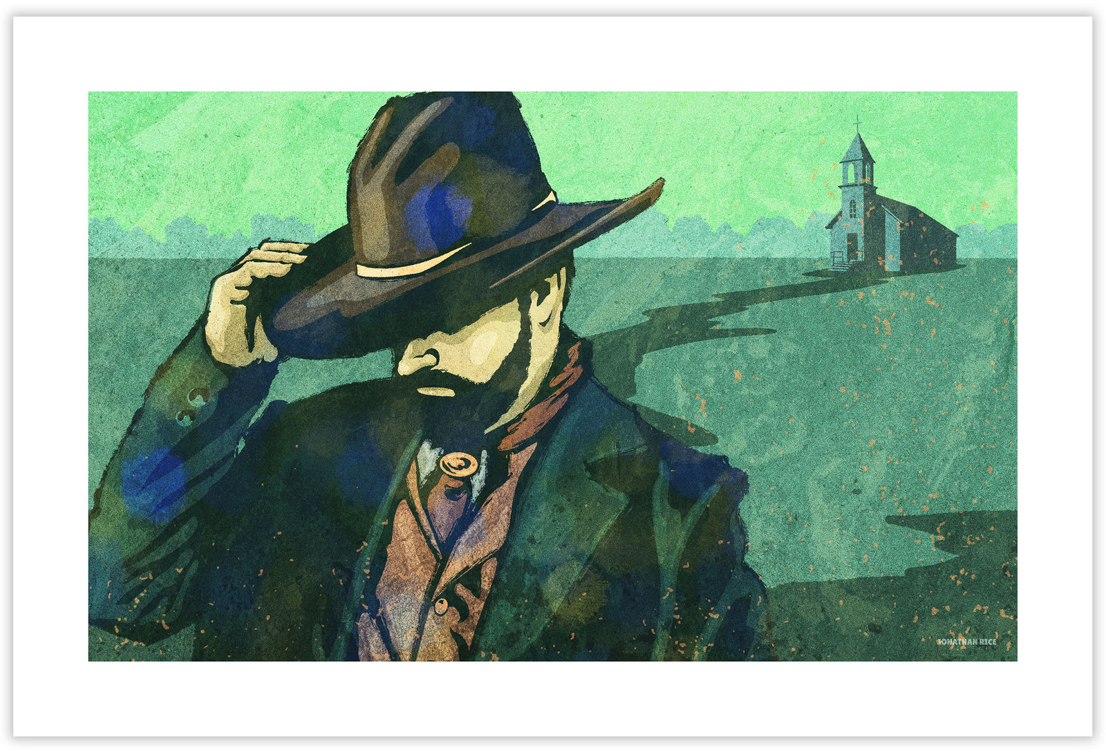 Modern style giclée art print of a Cowboy on Sunday leaving church. It is brightly colored, yet has gritty texture overall. There is a country church in the background.
