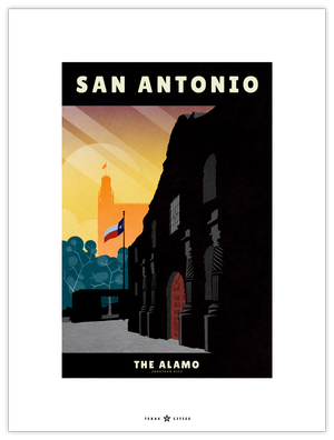 Giclée art print travel poster of The Alamo in San Antonio, Texas at sunset.