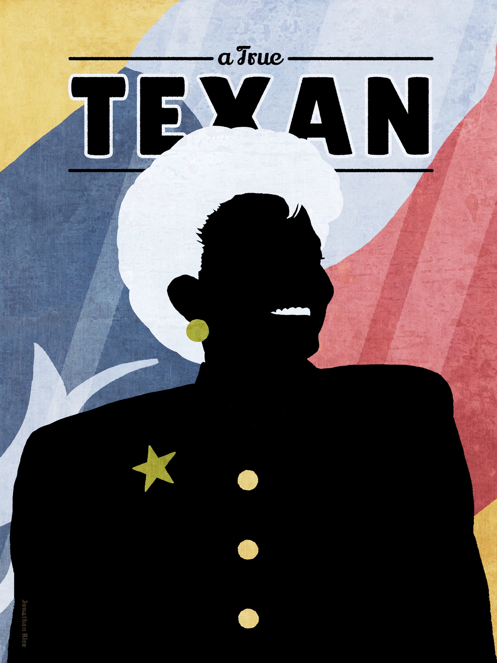 Giclee art print silhouette poster of Governor Ann Richards of Texas with her trademark white hair and Texas flag in background.