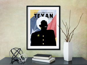 Giclee art print silhouette poster of Governor Ann Richards of Texas with her trademark white hair and Texas flag in background.