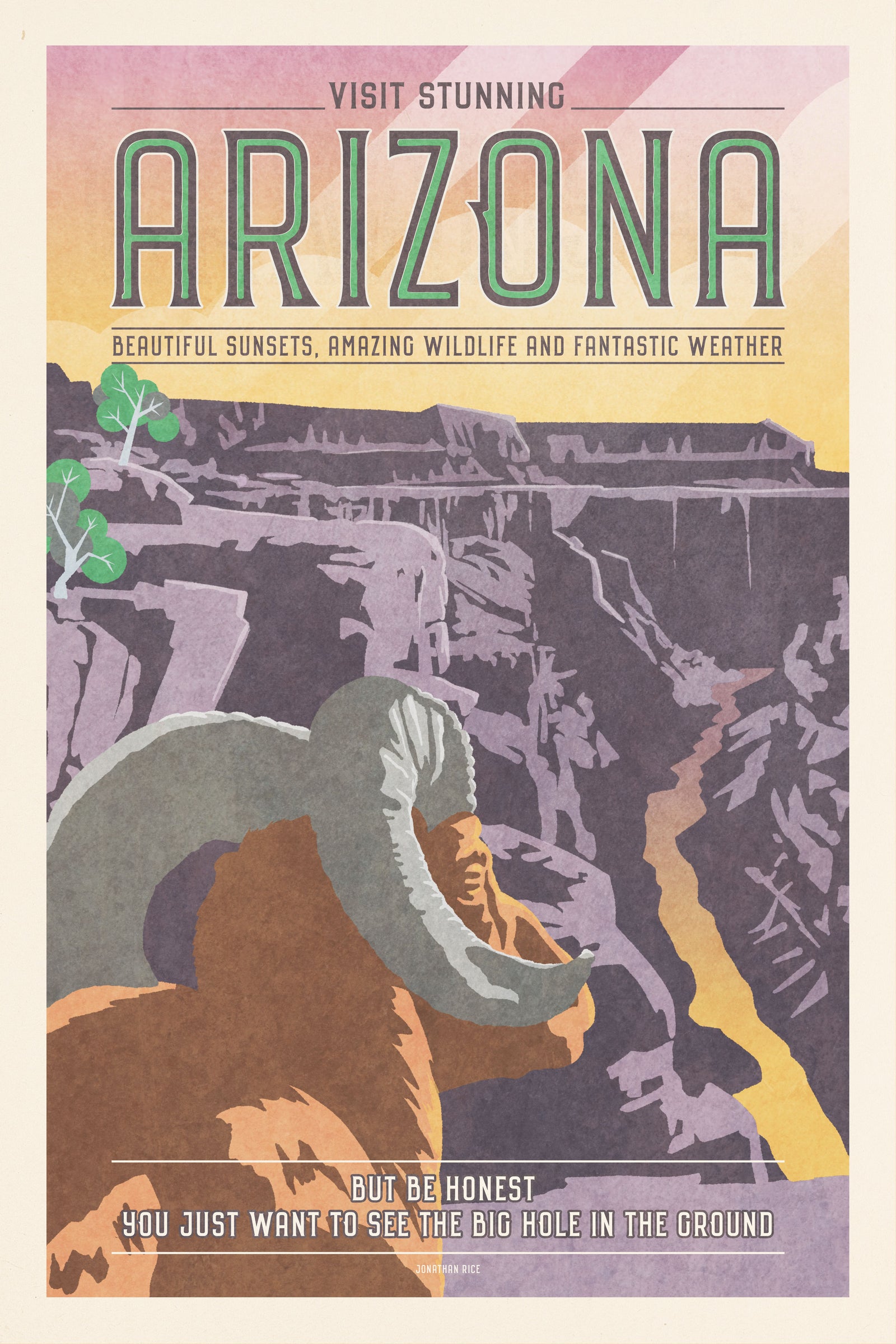 Giclée Art Print Travel Poster of Arizona featuring a Bighorn Sheep looking out over the Grand Canyon, with type on top and bottom that is humorous.