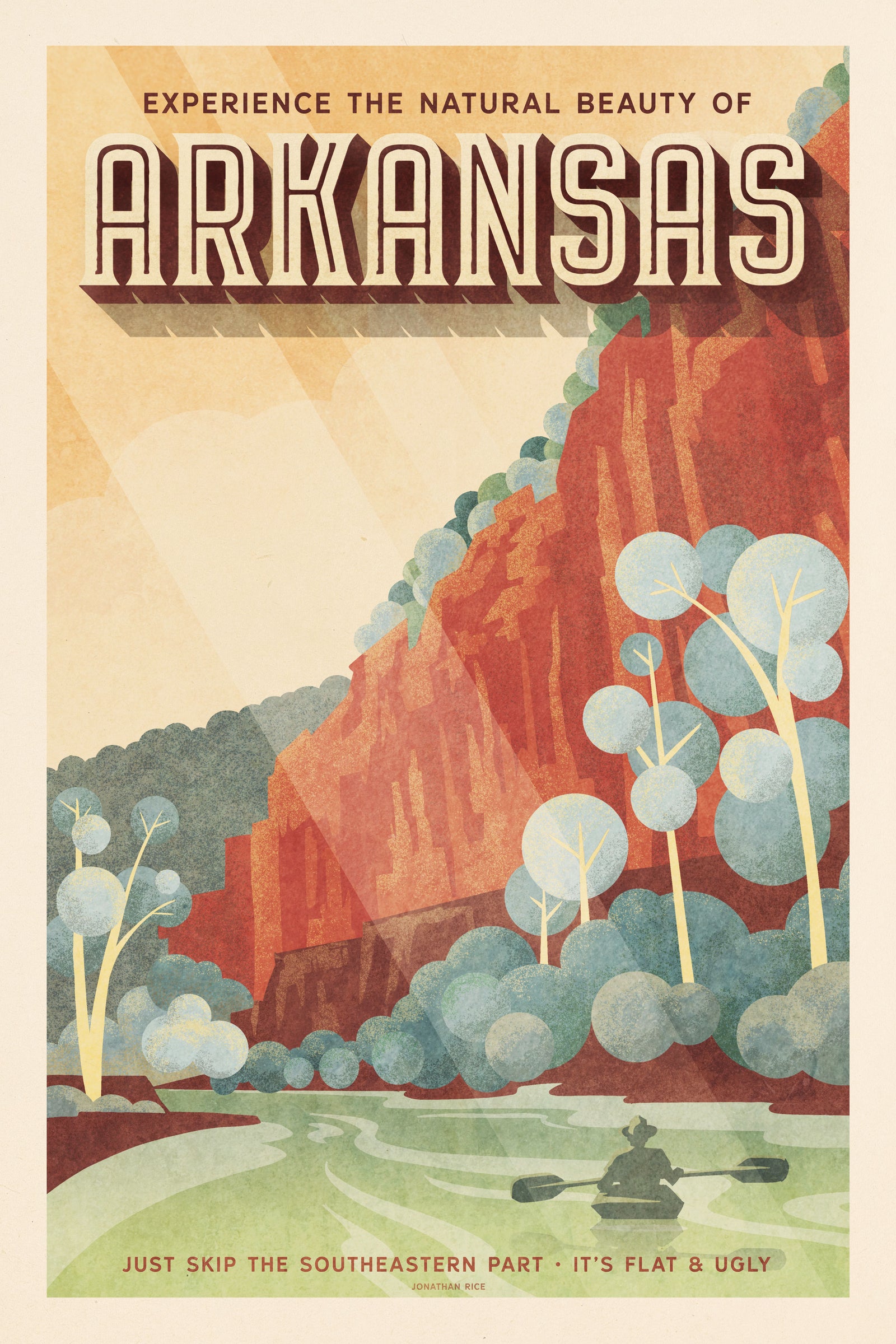 Giclée art print travel poster of Arkansas with canoeist on a river and a bluff in the background.