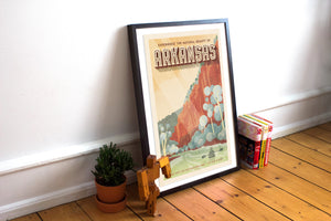 Giclée art print travel poster of Arkansas with canoeist on a river and a bluff in the background.