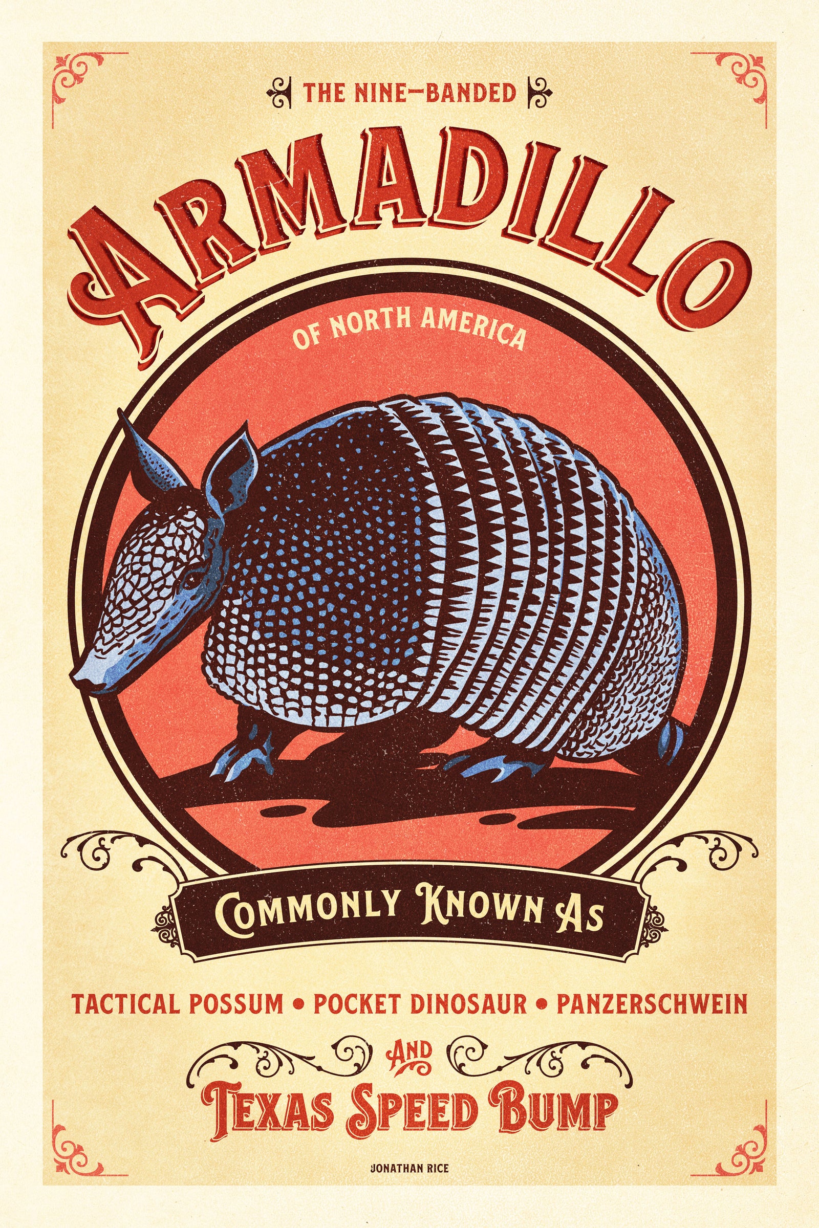 Vintage style humorous Armadillo art print with ornate type inspired by old travel, national parks and wildlife posters.