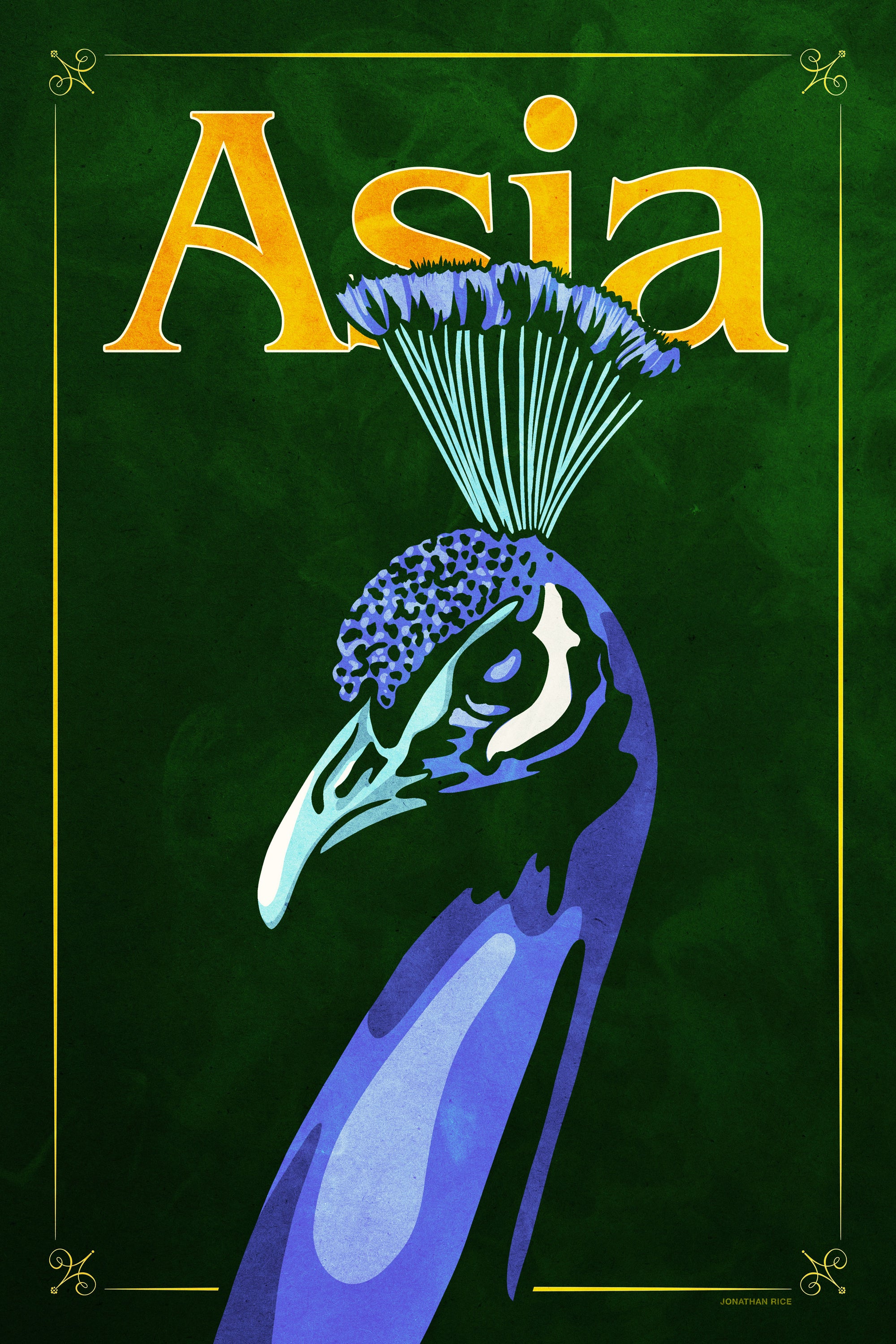 Bold graphic giclée art print of an Asian Peacock. Print shows an Asian Peacock blending into a dark green background and overlapping the word “Asia”.