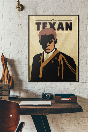Giclée Art Print of War Hero Audie Murphy. The Vintage style graphic art print uses bold rich blacks and browns. Part of A True Texan Series.