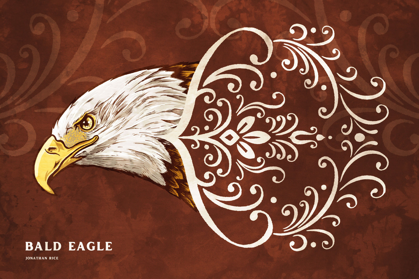 Bold graphic giclée art print of a Bald Eagle. Print is a portrait of a Bald Eagle soaring next to a beautiful graphic ornament on a red background with the words “Bald Eagle” below.