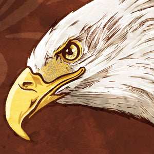 Detail of Bold graphic giclée art print of a Bald Eagle. Print is a portrait of a Bald Eagle soaring next to a beautiful graphic ornament on a red background with the words “Bald Eagle” below.