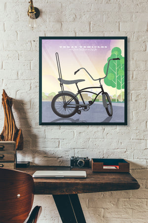 Retro styled art print of classic banana seat bicycle with sissy bar and mustang head handle grips in mid-century modern neighborhood.
