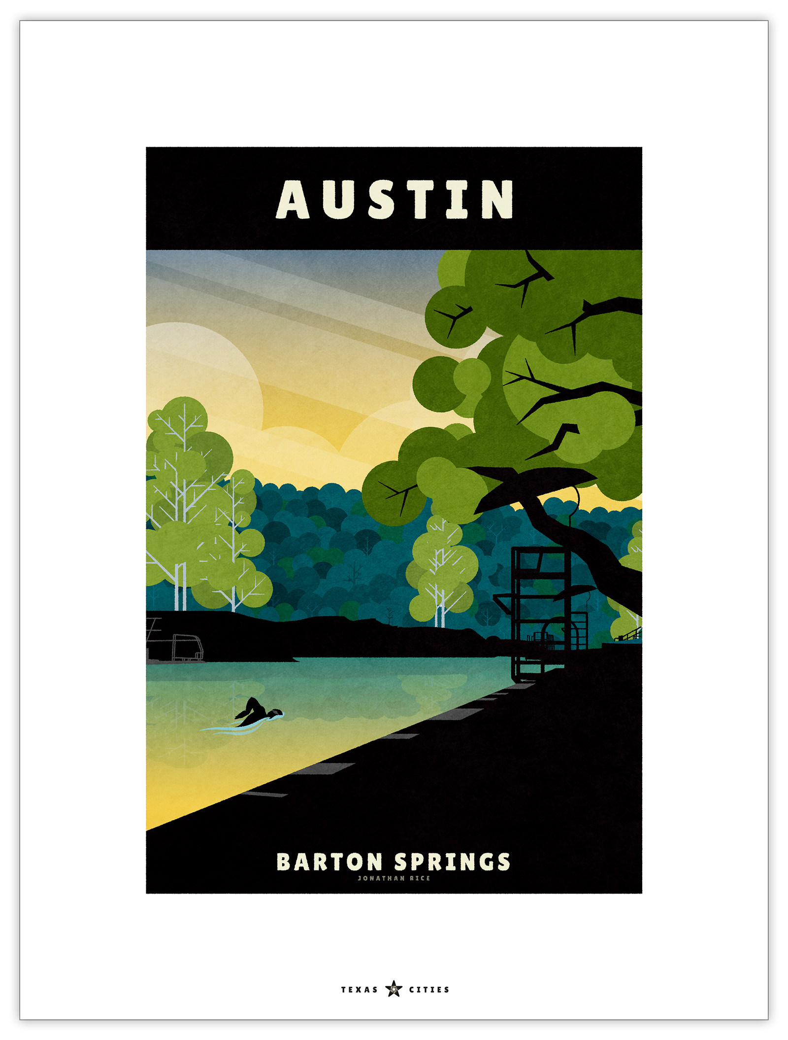 Giclée art print of lone swimmer in Barton Springs Swimming Pool, Austin, Texas, with bright greens, teals, yellows and rich black colors.