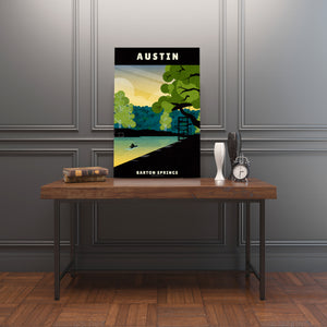 Giclée canvas art print of lone swimmer in Barton Springs Swimming Pool, Austin, Texas, with bright greens, teals, yellows and rich black colors.