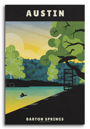 Giclée canvas art print of lone swimmer in Barton Springs Swimming Pool, Austin, Texas, with bright greens, teals, yellows and rich black colors.