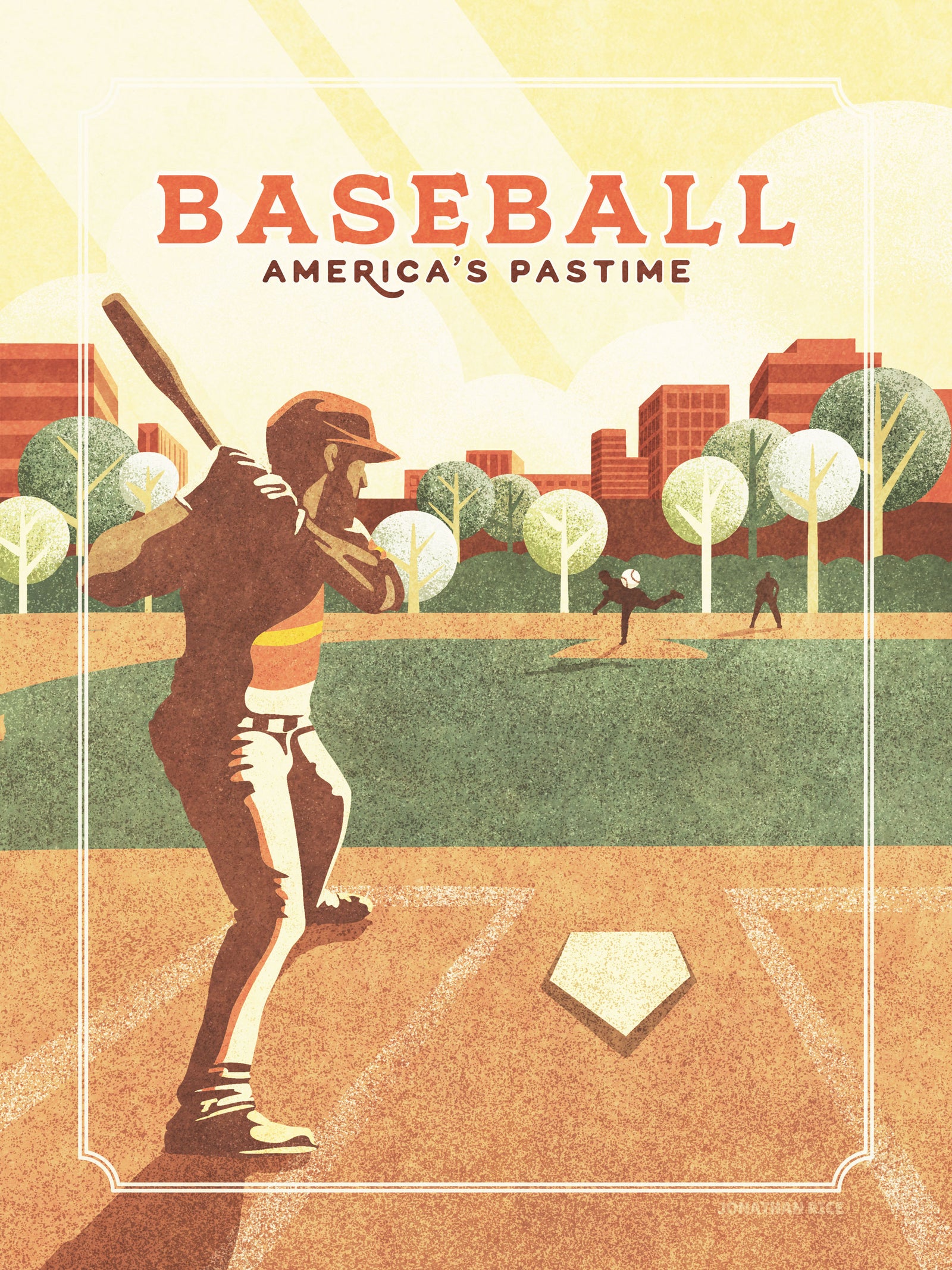 Retro styled giclée art print of an American Baseball Player at home plate about to swing. The baseball player is shown about to swing at the fastball that has been thrown inside a local ballpark. It’s warm color palette, gritty texture and vintage typography will make a great impression in any room.