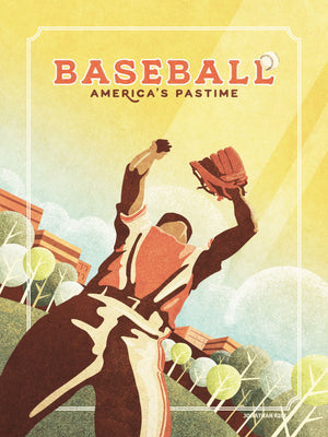 Retro styled giclée art print of an American Baseball Outfielder catching a fly ball. The baseball player is caught in the act of catching a fly ball inside a local ballpark. It’s warm color palette, gritty texture, unusual angle and vintage typography will make a great impression in any room.
