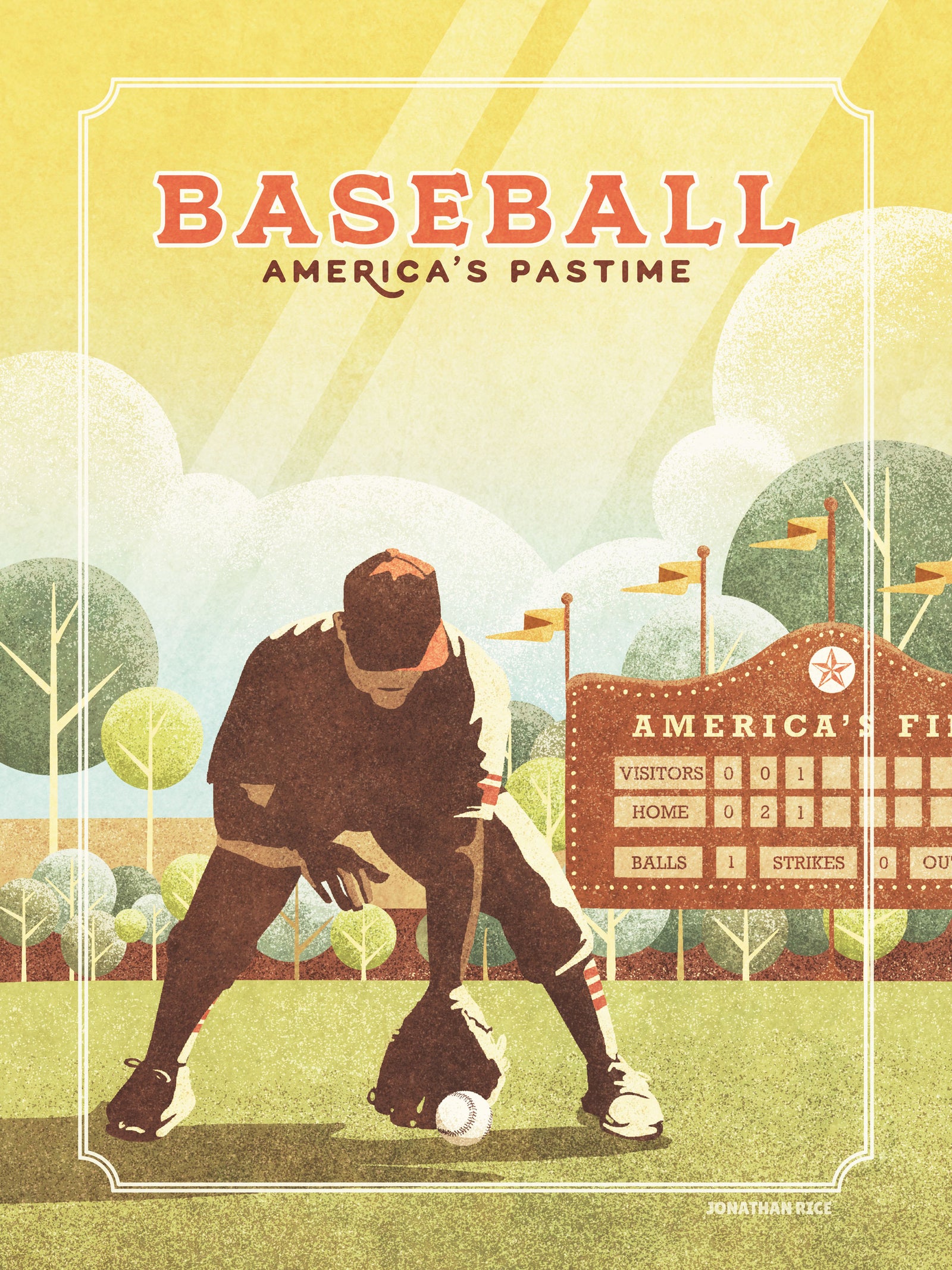 Retro styled giclée art print of an American Baseball Shortstop catching a ground ball. The baseball player is caught in the act of catching a ground ball inside a local ballpark. It’s warm color palette, gritty texture and vintage typography will make a great impression in any room.