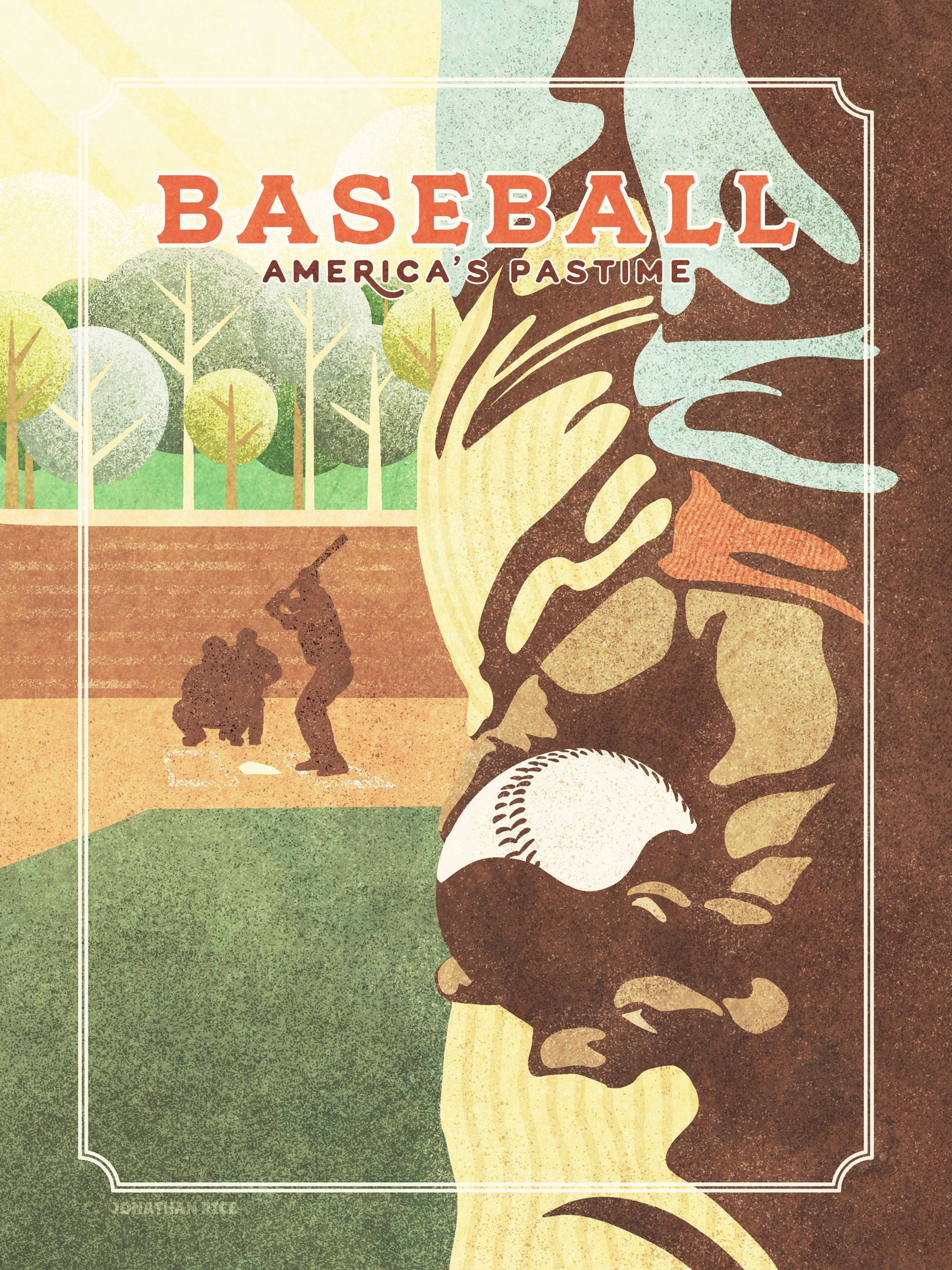 Retro styled giclée art print of an American Baseball Pitcher’s hand holding the ball in the extreme foreground with the batter, catcher and umpire in the background. It’s warm color palette, gritty texture and vintage typography will make a great impression in any room.
