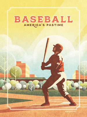 Retro styled giclée art print of an American Baseball Player swinging a bat. The baseball is shown swinging his bat inside a local ballpark. It’s warm color palette, gritty texture and vintage typography will make a great impression in any room.