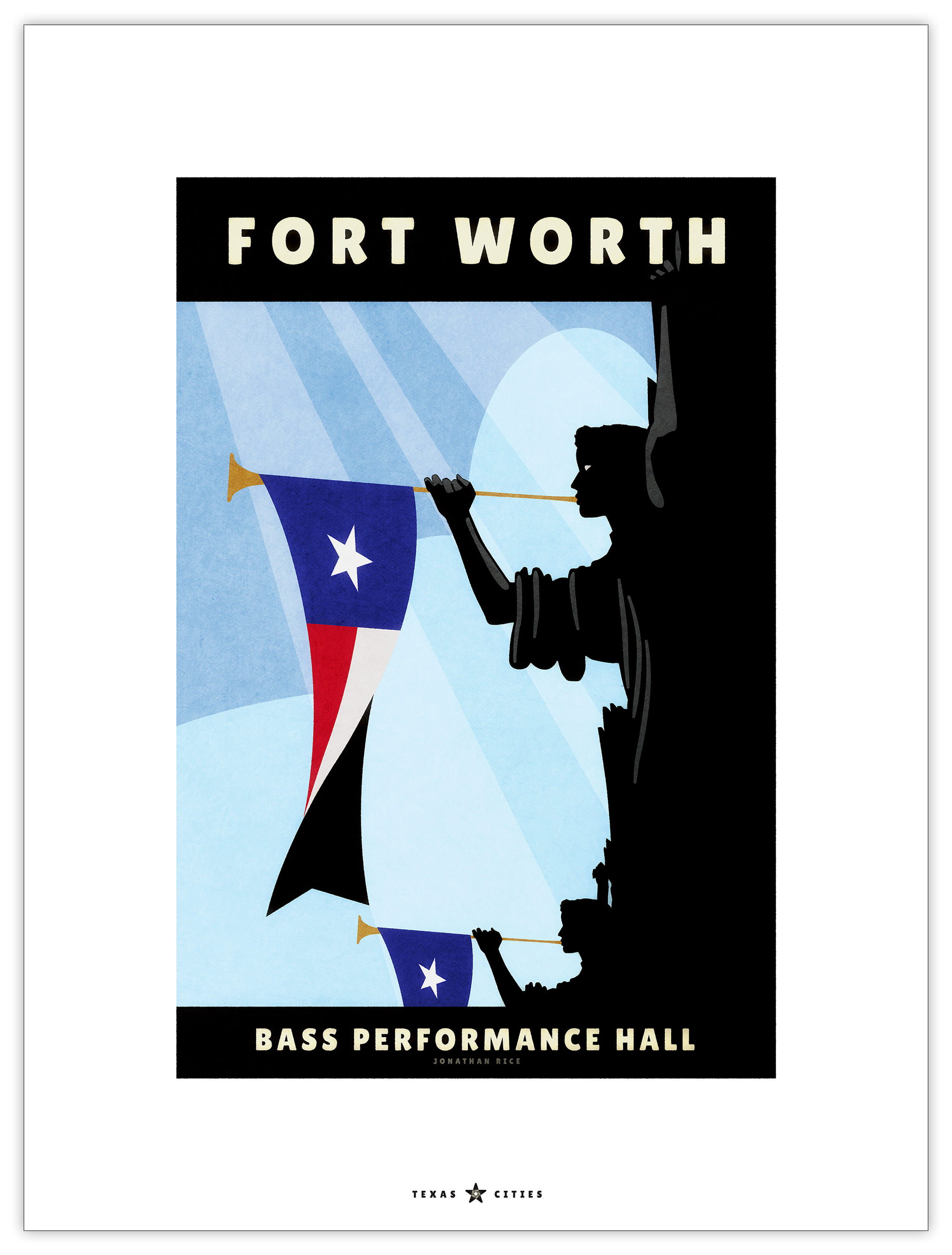Giclée art print of Angels blowing trumpets on the front of The Bass Performance Hall in Fort Worth, Texas. This Travel Poster is part of the Texas Cities Series.